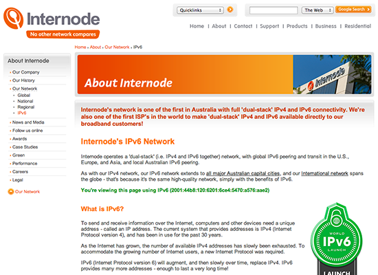 The Internode IPv6 website showing a successful IPv6 connection