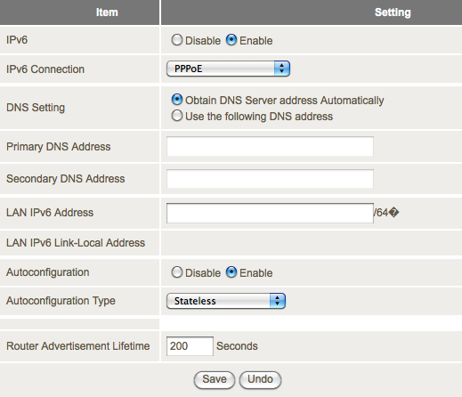 The IPv6 Settings page