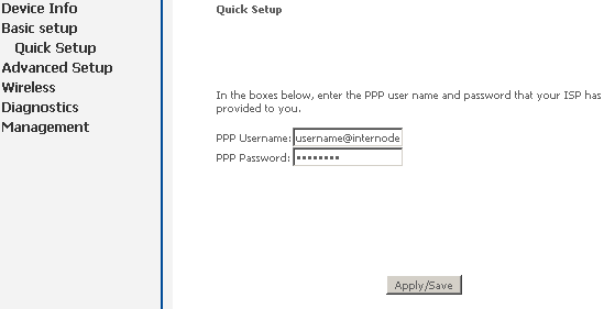 Figure 4: The NetComm 'Quick Setup' screen.