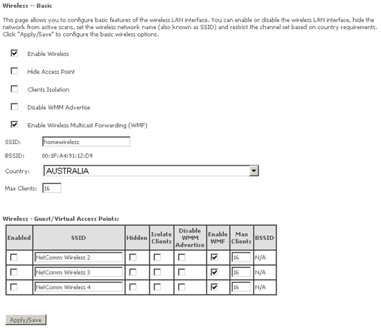 The NetComm NB604N Wireless Configuration Page