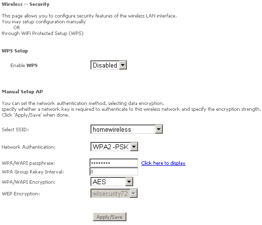 The NetComm NB604N Wireless Security Configuration Page