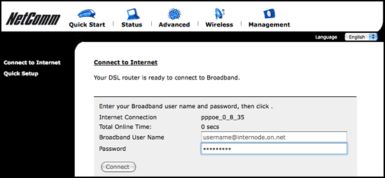 Figure 4: The NetComm 'Connect to Internet' screen.