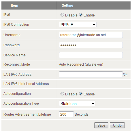 The NetComm NF2 IPv6 Configuration Page