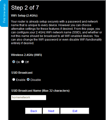 Figure 5: Step 2 of First Time Setup: Wireless settings.