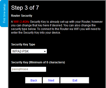 Figure 5: Step 3 of First Time Setup: securing your wireless network.