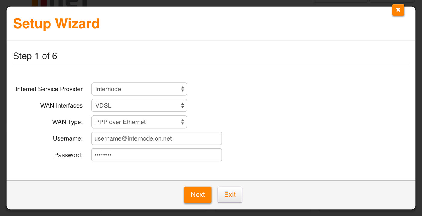 Screenshot: Setting up your OPENetworks VDSL service with the setup wizard