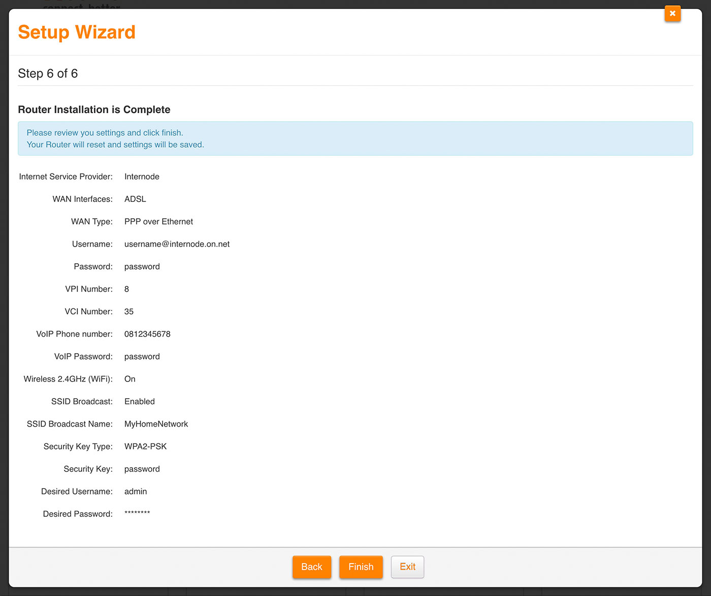 Screenshot: Reviewing settings and finishing the wizard