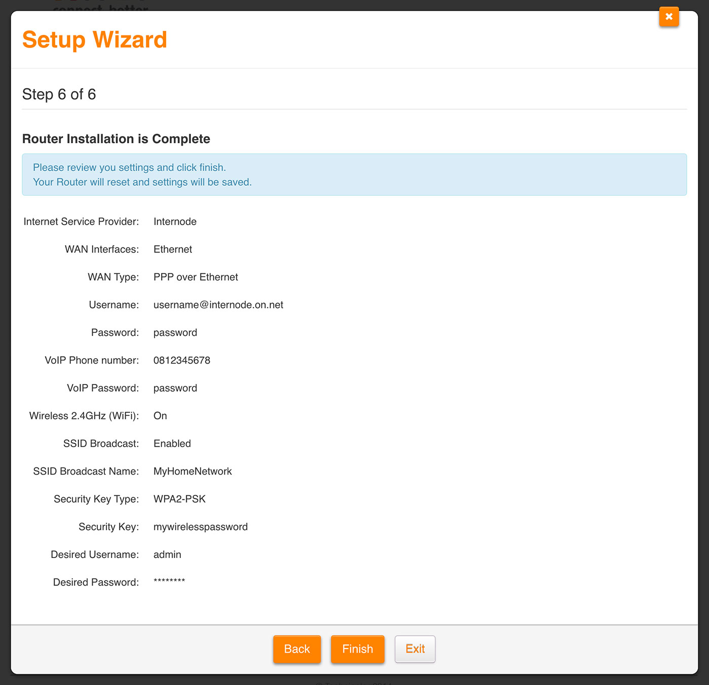 Screenshot: Reviewing settings and finishing the wizard