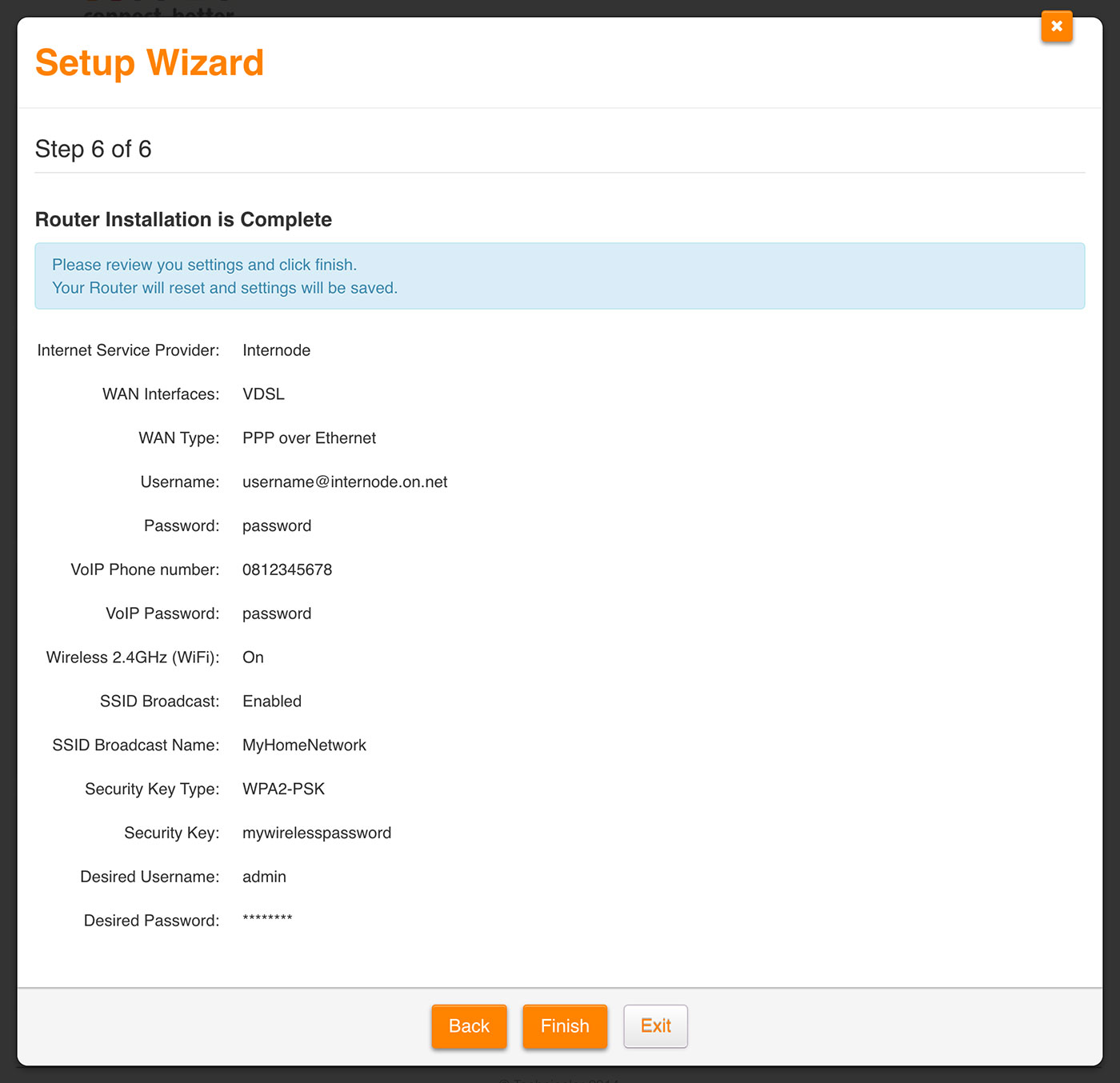 Screenshot: Reviewing settings and finishing the wizard