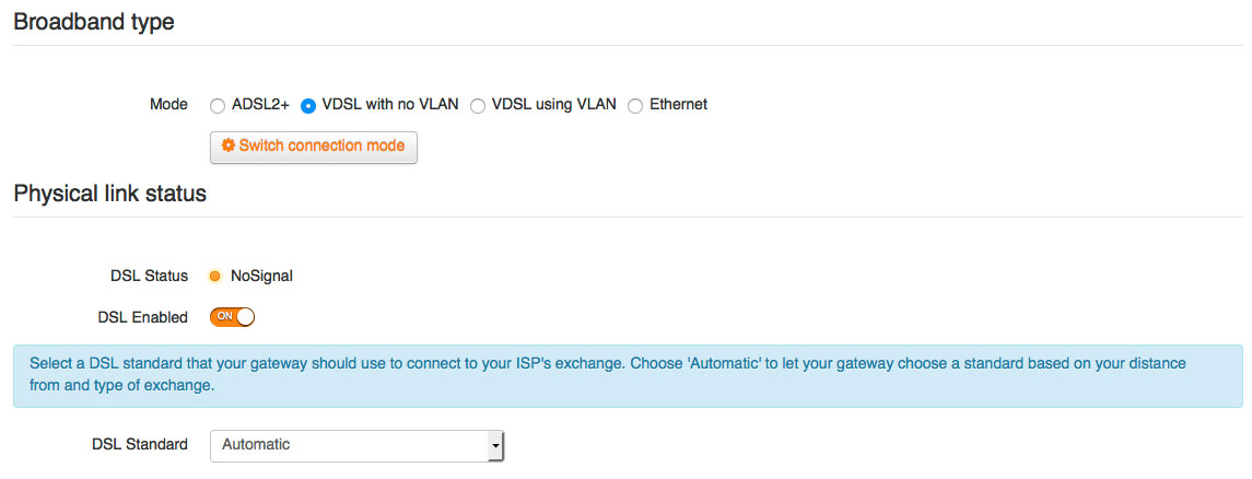 Screenshot: Correct VDSL settings for FTTB/FTTN