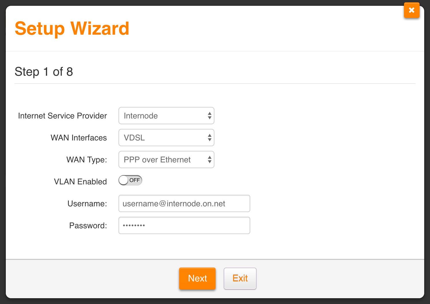 Screenshot: Setting up your OPENetworks VDSL service with the setup wizard