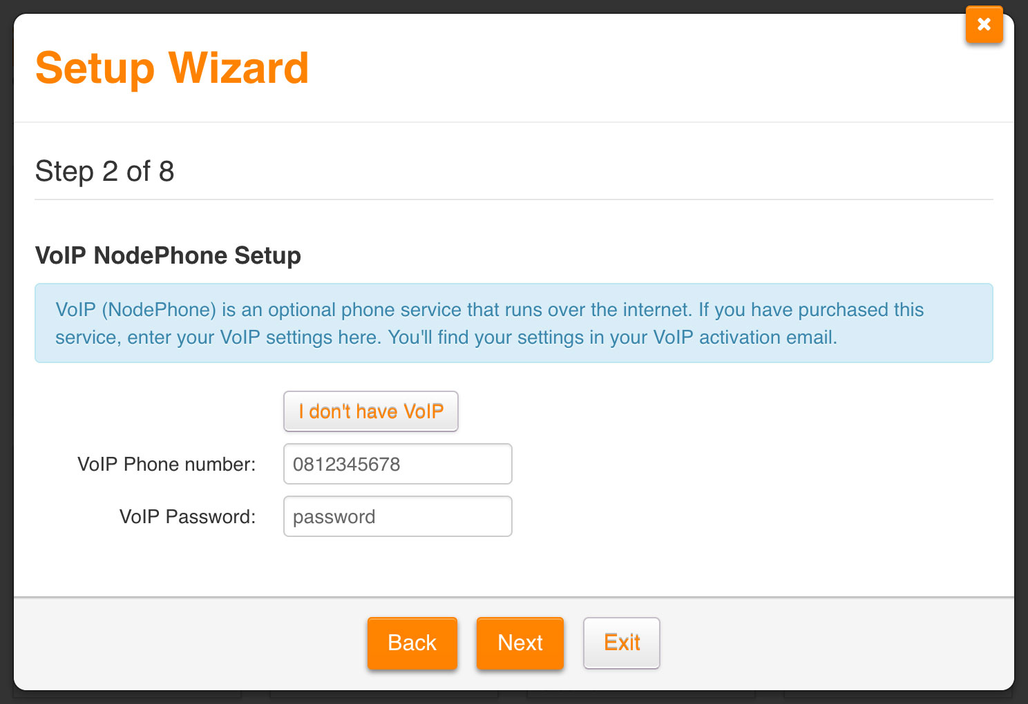 Screenshot: Configuring your NodePhone VoIP service