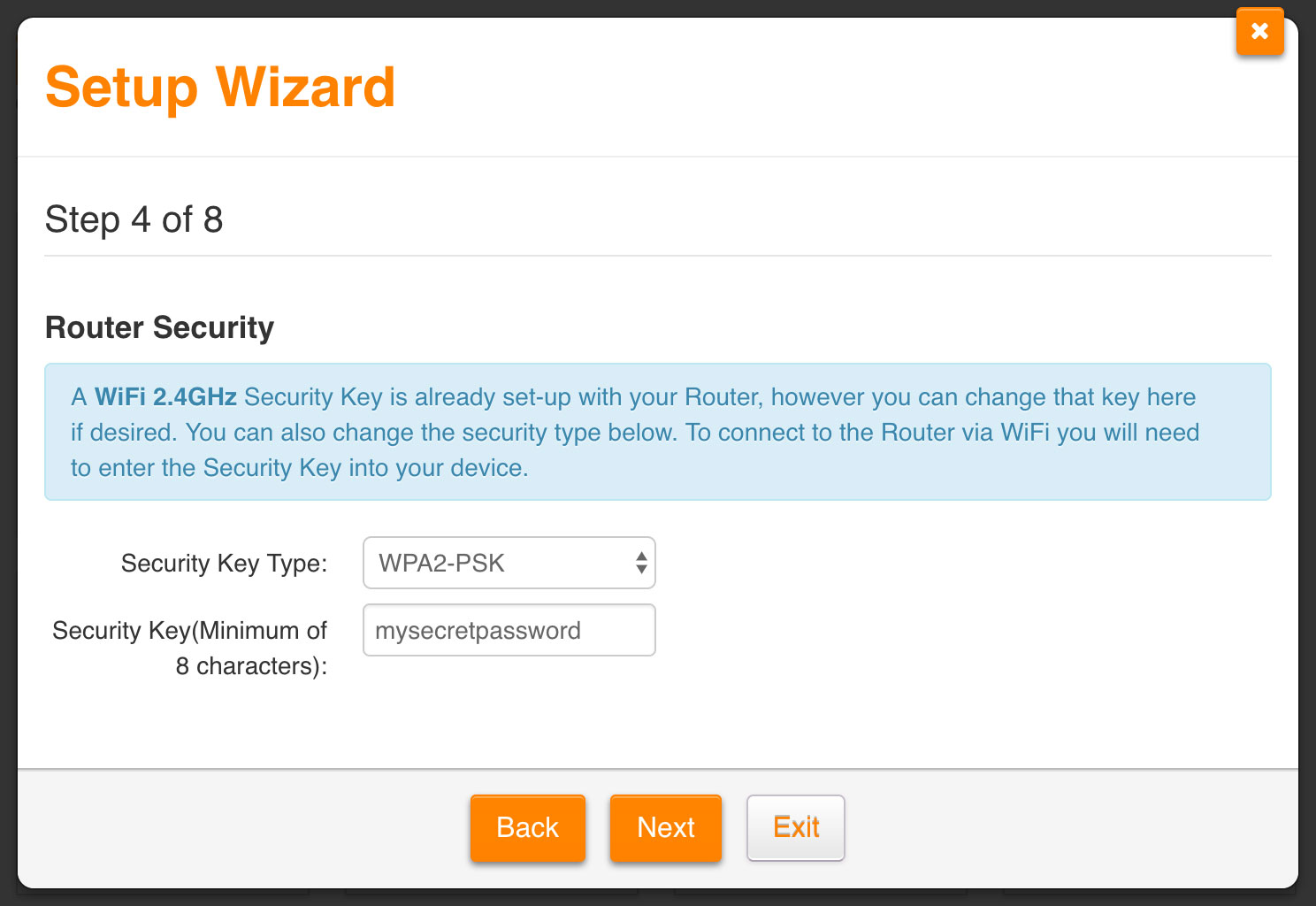 Screenshot: Setting up a password for your 2.4 GHz WiFi