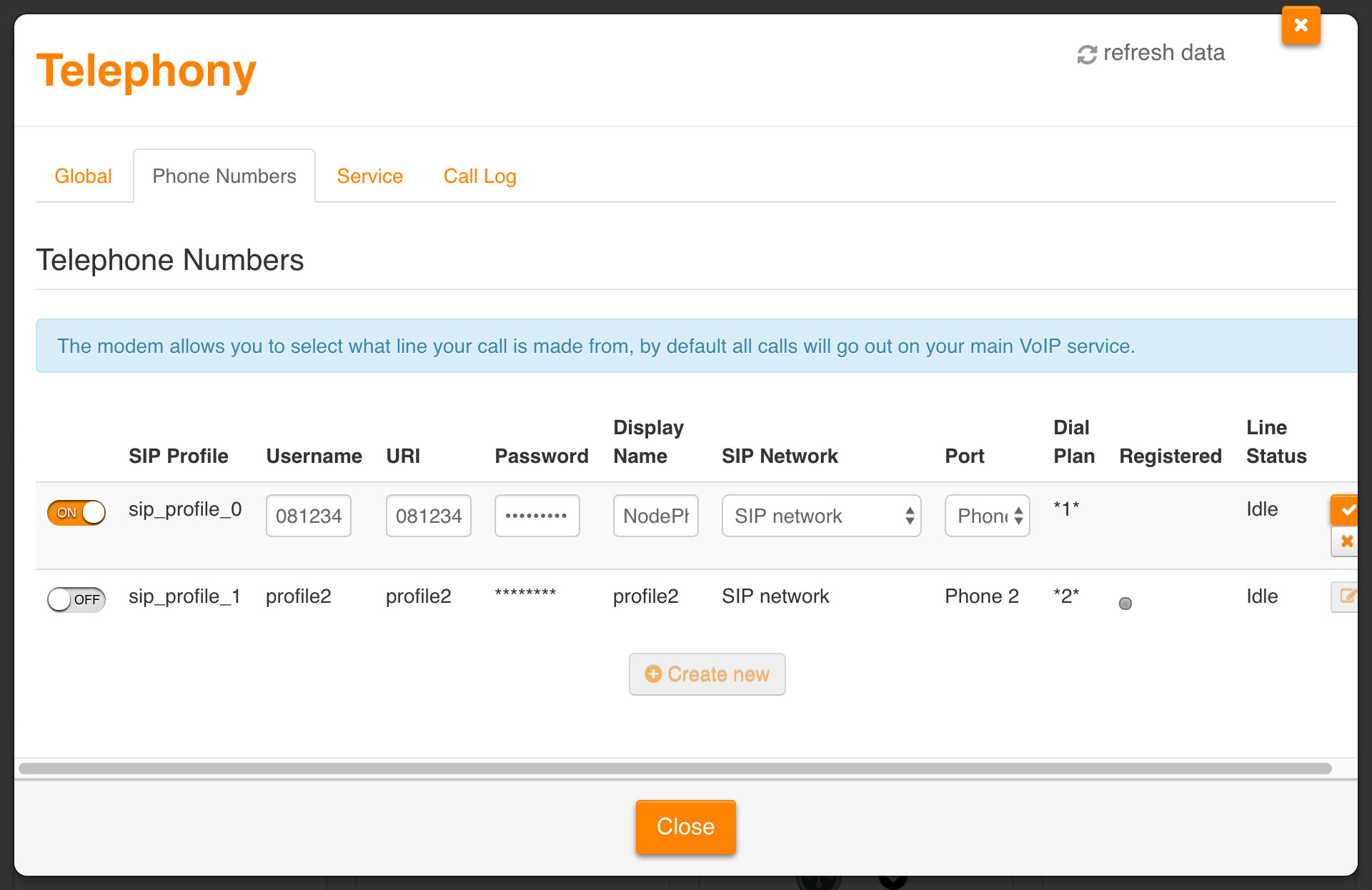 Screenshot: Entering your NodePhone Telephone Number settings