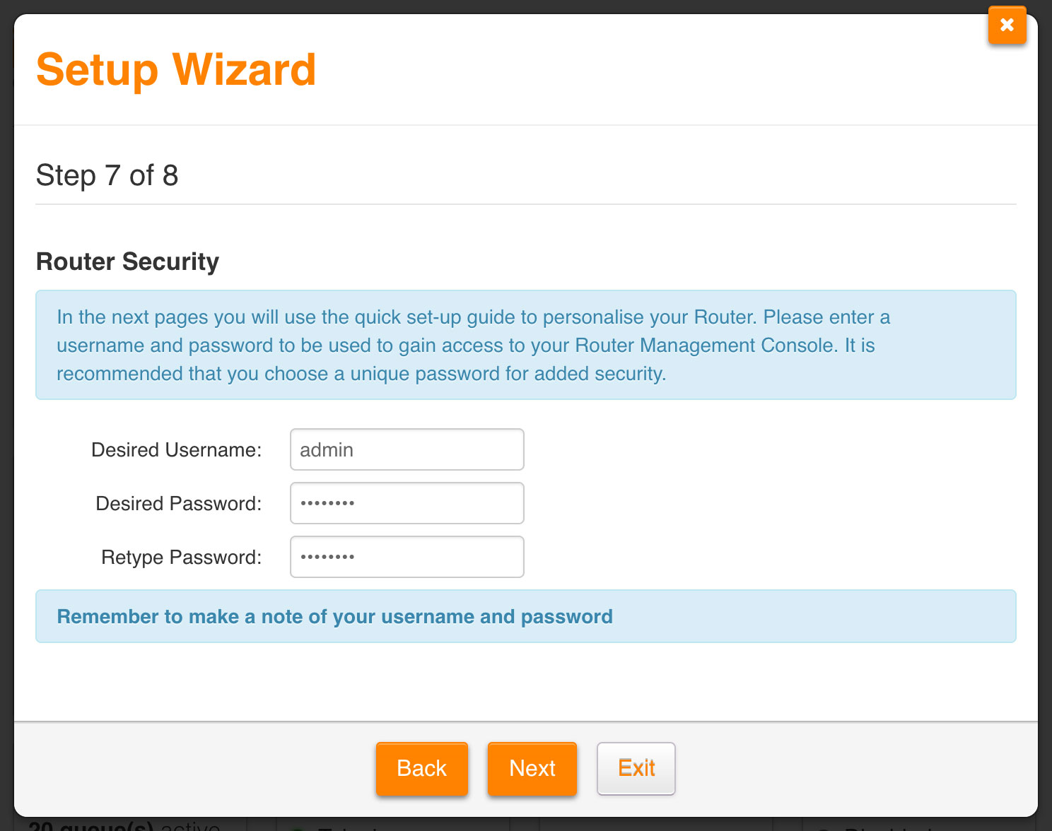 Screenshot: Creating an administrator password for the router