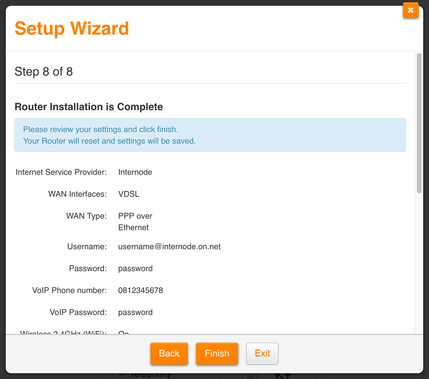 Screenshot: Reviewing settings and finishing the wizard