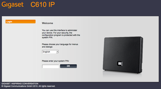 The Gigaset C610IP Login Screen