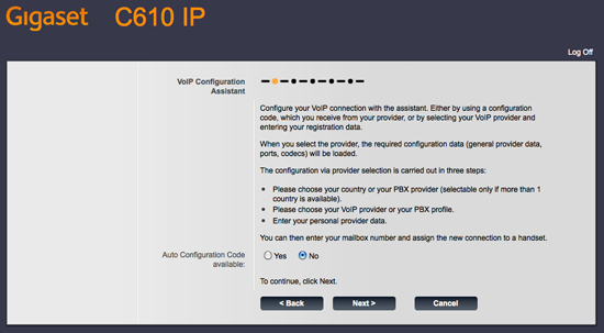 Selecting 'no' for the auto-configuration code.