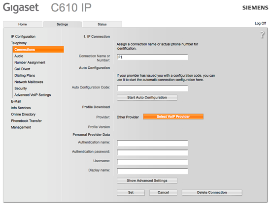 Selecting Select VoIP Provider from the Telephony Connections screen