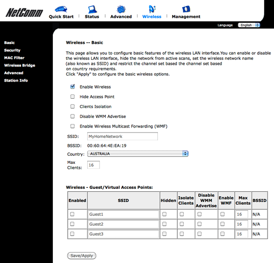 The NetComm NB6Plus4W Basic Wireless screen