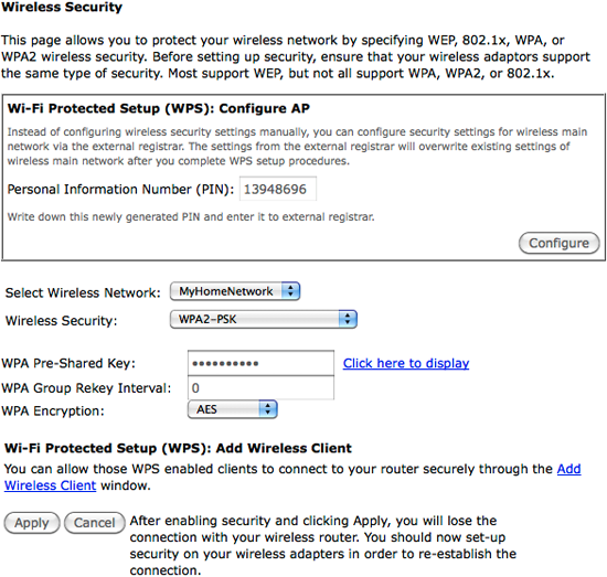 The NetComm NB6Plus4W Wireless Security screen