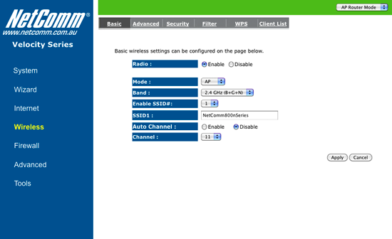 The NetComm NP803N Basic Wireless screen