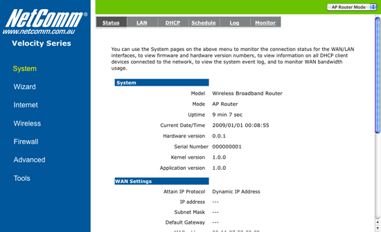 The NetComm NP803N Status/System screen