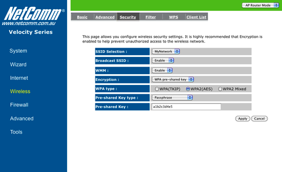 The NetComm NP803N Wireless Security screen