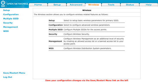 The OPEN Networks wireless menu