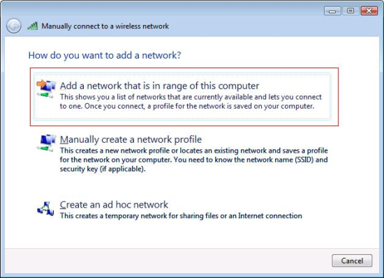 Vista: Add a network that is in range of this computer.