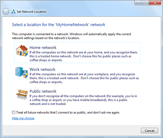 Windows 7: Choosing a network location.