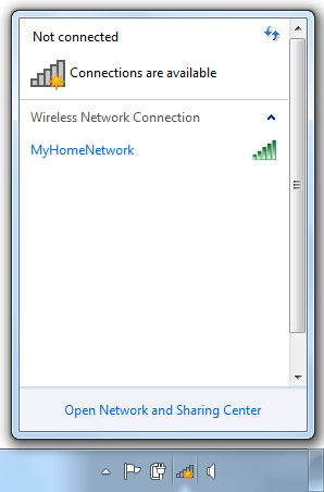 Windows 7: Network connections popup.