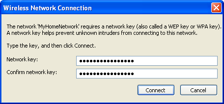 Windows XP: Entering a wireless network password (pre-shared key).