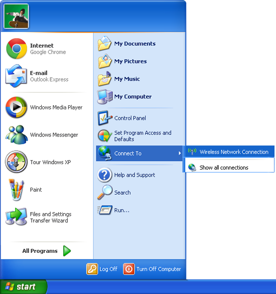 Windows XP: Wireless Network Connection in the Start Menu.