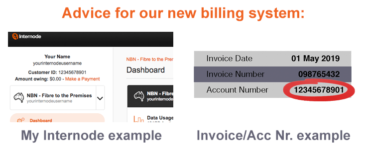 My Internode and Invoice/Account number example for our new billing system