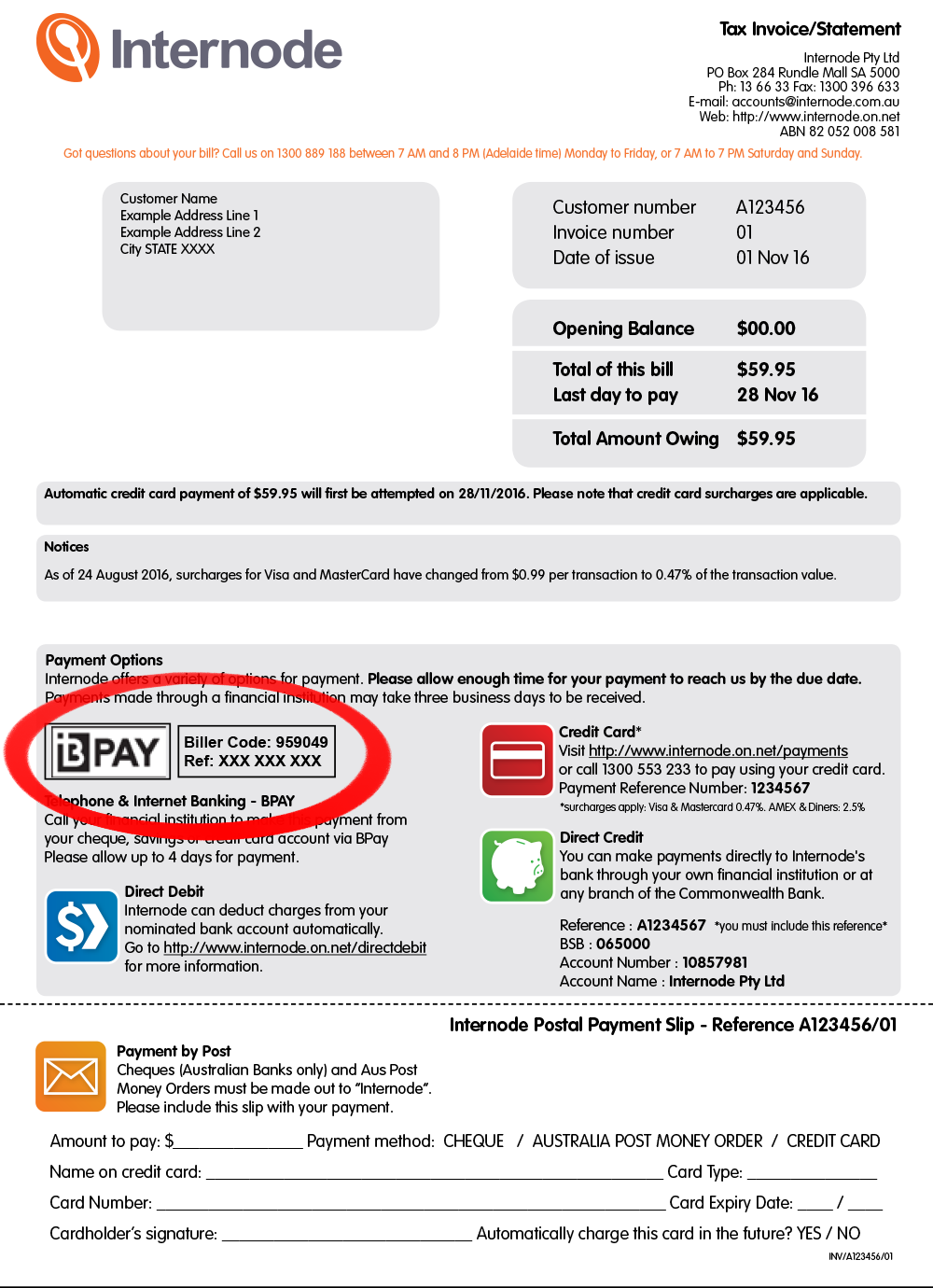 A picture showing the location of your BPay Customer Reference Number on your Invoice