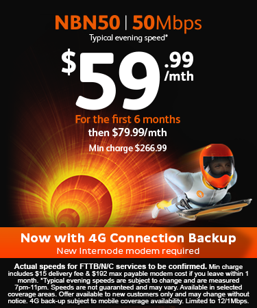 NBN50 | 50Mbps typical evening speed for $59.99/mth for first 6 months then $79.99/mth. Min charge $266.99. Now with 4G Connection Backup - New Internode modem required.