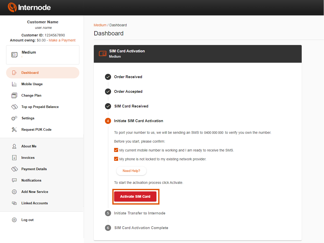 Sim card activation dashboard